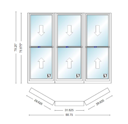 Andersen 400 Series Double Hung Bay Window 88 3/4" Wide Double Hung With Double Hung Flankers 30 Degree Angle Of Deflection Vinyl Exterior Wood Interior Low-E4 Dual Pane Argon Gas