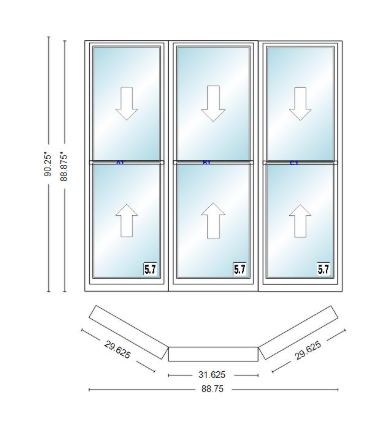 Andersen 400 Series Double Hung Bay Window 88 3/4" Wide Double Hung With Double Hung Flankers 30 Degree Angle Of Deflection Vinyl Exterior Wood Interior Low-E4 Dual Pane Argon Gas