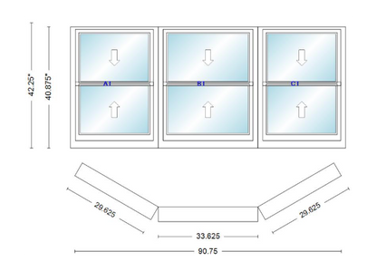 Andersen 400 Series Double Hung Bay Window 90 3/4" Wide Double Hung With Double Hung Flankers 30 Degree Angle Of Deflection Vinyl Exterior Wood Interior Low-E4 Dual Pane Argon Gas