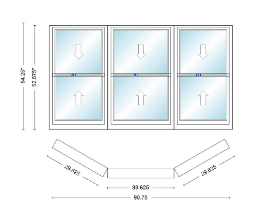 Andersen 400 Series Double Hung Bay Window 90 3/4" Wide Double Hung With Double Hung Flankers 30 Degree Angle Of Deflection Vinyl Exterior Wood Interior Low-E4 Dual Pane Argon Gas