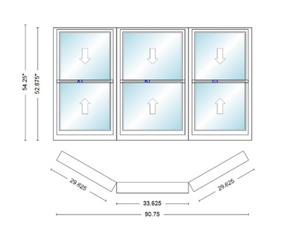 Andersen 400 Series Double Hung Bay Window 90 3/4" Wide Double Hung With Double Hung Flankers 30 Degree Angle Of Deflection Vinyl Exterior Wood Interior Low-E4 Dual Pane Argon Gas