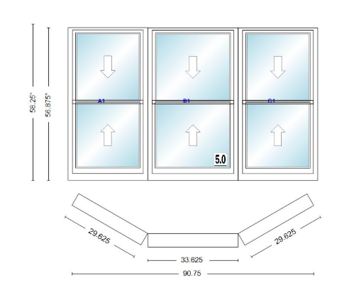 Andersen 400 Series Double Hung Bay Window 90 3/4" Wide Double Hung With Double Hung Flankers 30 Degree Angle Of Deflection Vinyl Exterior Wood Interior Low-E4 Dual Pane Argon Gas