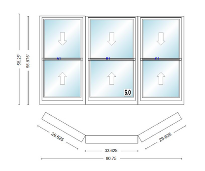 Andersen 400 Series Double Hung Bay Window 90 3/4" Wide Double Hung With Double Hung Flankers 30 Degree Angle Of Deflection Vinyl Exterior Wood Interior Low-E4 Dual Pane Argon Gas
