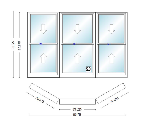 Andersen 400 Series Double Hung Bay Window 90 3/4" Wide Double Hung With Double Hung Flankers 30 Degree Angle Of Deflection Vinyl Exterior Wood Interior Low-E4 Dual Pane Argon Gas