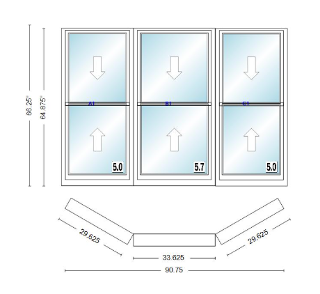 Andersen 400 Series Double Hung Bay Window 90 3/4" Wide Double Hung With Double Hung Flankers 30 Degree Angle Of Deflection Vinyl Exterior Wood Interior Low-E4 Dual Pane Argon Gas