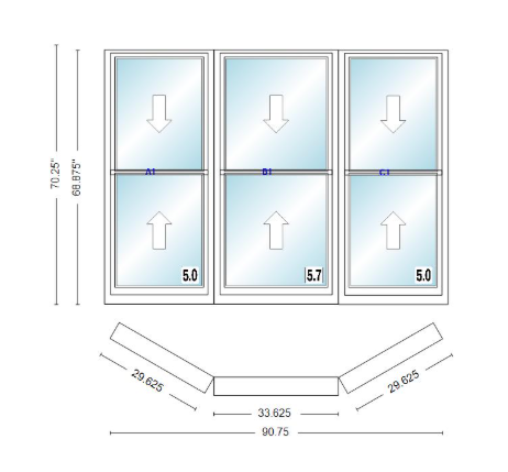 Andersen 400 Series Double Hung Bay Window 90 3/4" Wide Double Hung With Double Hung Flankers 30 Degree Angle Of Deflection Vinyl Exterior Wood Interior Low-E4 Dual Pane Argon Gas