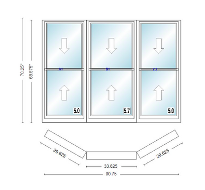 Andersen 400 Series Double Hung Bay Window 90 3/4" Wide Double Hung With Double Hung Flankers 30 Degree Angle Of Deflection Vinyl Exterior Wood Interior Low-E4 Dual Pane Argon Gas