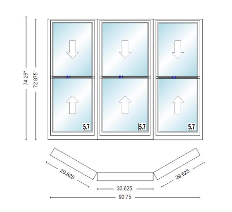 Andersen 400 Series Double Hung Bay Window 90 3/4" Wide Double Hung With Double Hung Flankers 30 Degree Angle Of Deflection Vinyl Exterior Wood Interior Low-E4 Dual Pane Argon Gas