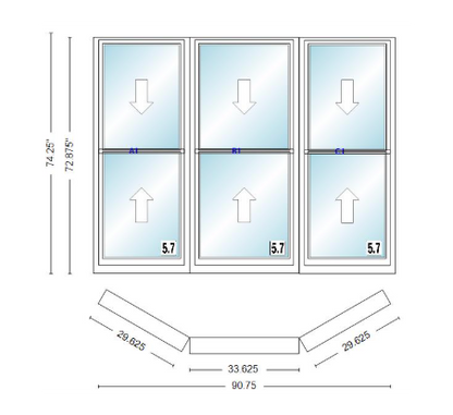 Andersen 400 Series Double Hung Bay Window 90 3/4" Wide Double Hung With Double Hung Flankers 30 Degree Angle Of Deflection Vinyl Exterior Wood Interior Low-E4 Dual Pane Argon Gas