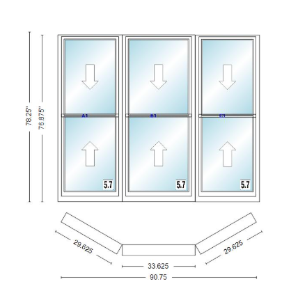 Andersen 400 Series Double Hung Bay Window 90 3/4" Wide Double Hung With Double Hung Flankers 30 Degree Angle Of Deflection Vinyl Exterior Wood Interior Low-E4 Dual Pane Argon Gas