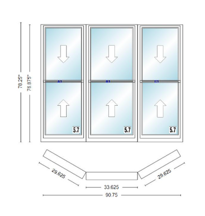 Andersen 400 Series Double Hung Bay Window 90 3/4" Wide Double Hung With Double Hung Flankers 30 Degree Angle Of Deflection Vinyl Exterior Wood Interior Low-E4 Dual Pane Argon Gas