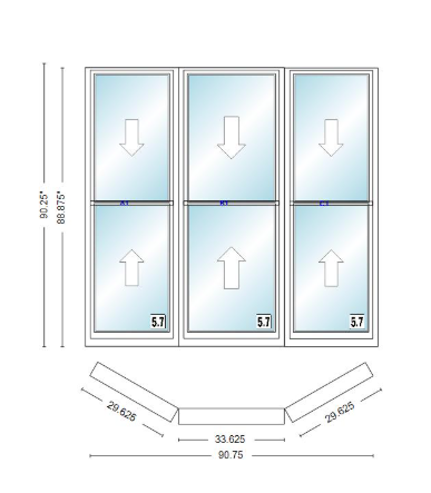 Andersen 400 Series Double Hung Bay Window 90 3/4" Wide Double Hung With Double Hung Flankers 30 Degree Angle Of Deflection Vinyl Exterior Wood Interior Low-E4 Dual Pane Argon Gas