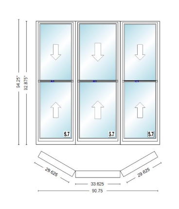 Andersen 400 Series Double Hung Bay Window 90 3/4" Wide Double Hung With Double Hung Flankers 30 Degree Angle Of Deflection Vinyl Exterior Wood Interior Low-E4 Dual Pane Argon Gas