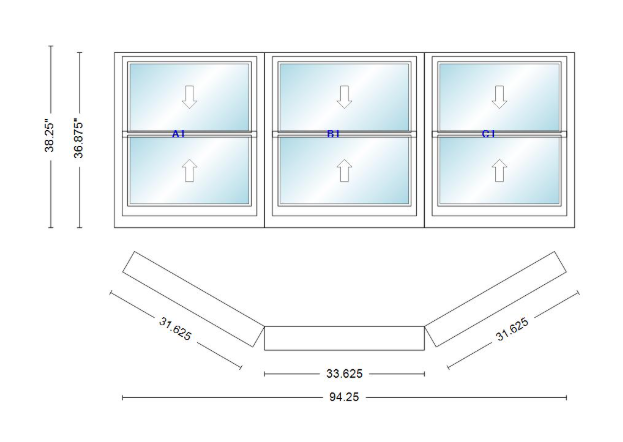 Andersen 400 Series Double Hung Bay Window 94 1/4" Wide Double Hung With Double Hung Flankers 30 Degree Angle Of Deflection Vinyl Exterior Wood Interior Low-E4 Dual Pane Argon Gas