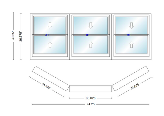 Andersen 400 Series Double Hung Bay Window 94 1/4" Wide Double Hung With Double Hung Flankers 30 Degree Angle Of Deflection Vinyl Exterior Wood Interior Low-E4 Dual Pane Argon Gas