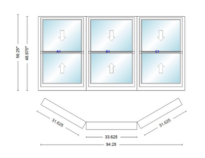 Andersen 400 Series Double Hung Bay Window 94 1/4" Wide Double Hung With Double Hung Flankers 30 Degree Angle Of Deflection Vinyl Exterior Wood Interior Low-E4 Dual Pane Argon Gas
