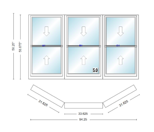 Andersen 400 Series Double Hung Bay Window 94 1/4" Wide Double Hung With Double Hung Flankers 30 Degree Angle Of Deflection Vinyl Exterior Wood Interior Low-E4 Dual Pane Argon Gas