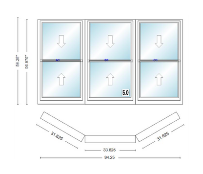 Andersen 400 Series Double Hung Bay Window 94 1/4" Wide Double Hung With Double Hung Flankers 30 Degree Angle Of Deflection Vinyl Exterior Wood Interior Low-E4 Dual Pane Argon Gas