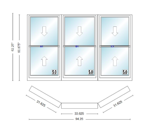 Andersen 400 Series Double Hung Bay Window 94 1/4" Wide Double Hung With Double Hung Flankers 30 Degree Angle Of Deflection Vinyl Exterior Wood Interior Low-E4 Dual Pane Argon Gas