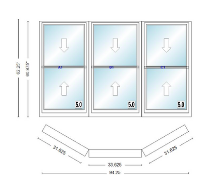Andersen 400 Series Double Hung Bay Window 94 1/4" Wide Double Hung With Double Hung Flankers 30 Degree Angle Of Deflection Vinyl Exterior Wood Interior Low-E4 Dual Pane Argon Gas