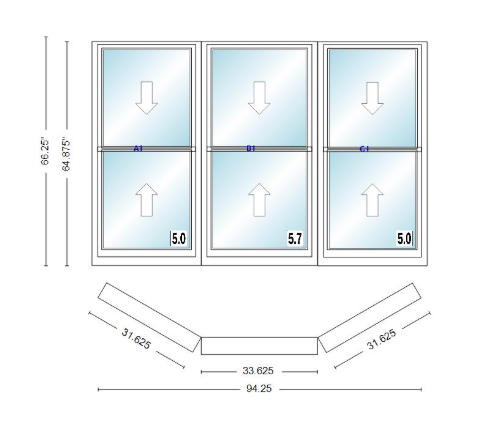 Andersen 400 Series Double Hung Bay Window 94 1/4" Wide Double Hung With Double Hung Flankers 30 Degree Angle Of Deflection Vinyl Exterior Wood Interior Low-E4 Dual Pane Argon Gas