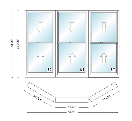 Andersen 400 Series Double Hung Bay Window 94 1/4" Wide Double Hung With Double Hung Flankers 30 Degree Angle Of Deflection Vinyl Exterior Wood Interior Low-E4 Dual Pane Argon Gas