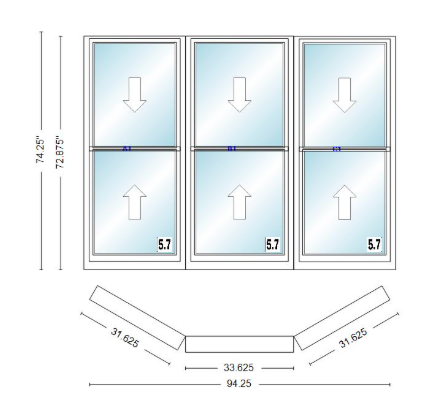 Andersen 400 Series Double Hung Bay Window 94 1/4" Wide Double Hung With Double Hung Flankers 30 Degree Angle Of Deflection Vinyl Exterior Wood Interior Low-E4 Dual Pane Argon Gas