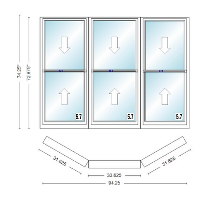 Andersen 400 Series Double Hung Bay Window 94 1/4" Wide Double Hung With Double Hung Flankers 30 Degree Angle Of Deflection Vinyl Exterior Wood Interior Low-E4 Dual Pane Argon Gas