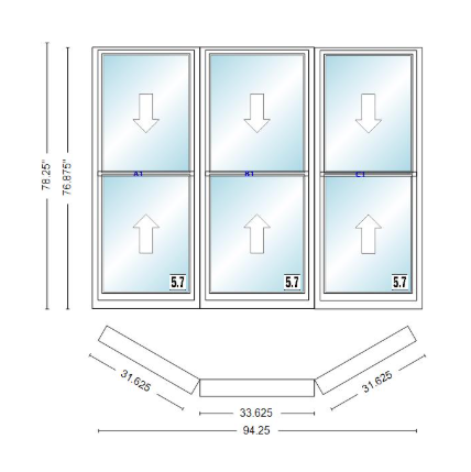 Andersen 400 Series Double Hung Bay Window 94 1/4" Wide Double Hung With Double Hung Flankers 30 Degree Angle Of Deflection Vinyl Exterior Wood Interior Low-E4 Dual Pane Argon Gas
