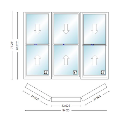 Andersen 400 Series Double Hung Bay Window 94 1/4" Wide Double Hung With Double Hung Flankers 30 Degree Angle Of Deflection Vinyl Exterior Wood Interior Low-E4 Dual Pane Argon Gas