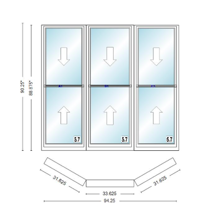 Andersen 400 Series Double Hung Bay Window 94 1/4" Wide Double Hung With Double Hung Flankers 30 Degree Angle Of Deflection Vinyl Exterior Wood Interior Low-E4 Dual Pane Argon Gas