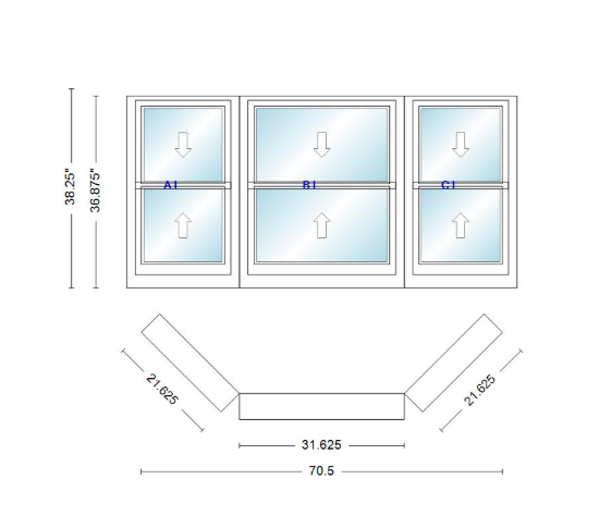 Andersen 400 Series Double Hung Bay Window 70 1/2" Wide Double Hung With Double Hung Flankers 45 Degree Angle Of Deflection Vinyl Exterior Wood Interior Low-E4 Dual Pane Argon Gas