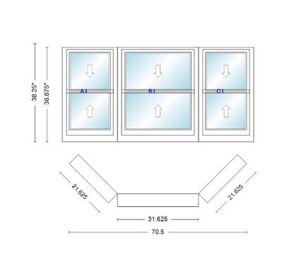 Andersen 400 Series Double Hung Bay Window 70 1/2" Wide Double Hung With Double Hung Flankers 45 Degree Angle Of Deflection Vinyl Exterior Wood Interior Low-E4 Dual Pane Argon Gas