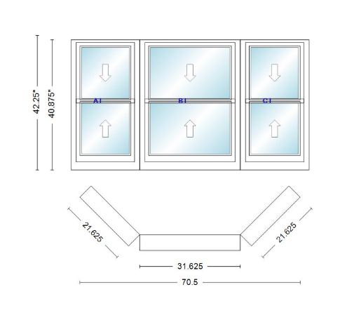 Andersen 400 Series Double Hung Bay Window 70 1/2" Wide Double Hung With Double Hung Flankers 45 Degree Angle Of Deflection Vinyl Exterior Wood Interior Low-E4 Dual Pane Argon Gas
