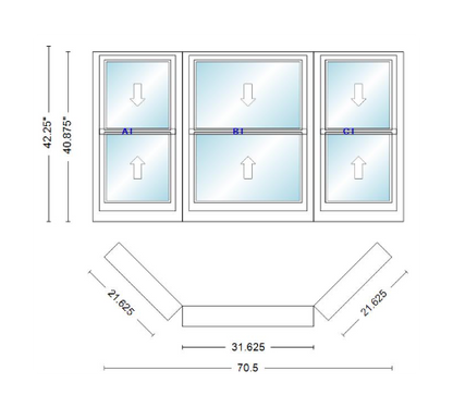 Andersen 400 Series Double Hung Bay Window 70 1/2" Wide Double Hung With Double Hung Flankers 45 Degree Angle Of Deflection Vinyl Exterior Wood Interior Low-E4 Dual Pane Argon Gas