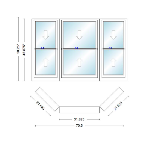 Andersen 400 Series Double Hung Bay Window 70 1/2" Wide Double Hung With Double Hung Flankers 45 Degree Angle Of Deflection Vinyl Exterior Wood Interior Low-E4 Dual Pane Argon Gas