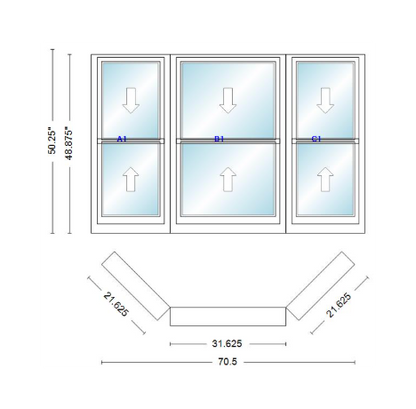 Andersen 400 Series Double Hung Bay Window 70 1/2" Wide Double Hung With Double Hung Flankers 45 Degree Angle Of Deflection Vinyl Exterior Wood Interior Low-E4 Dual Pane Argon Gas