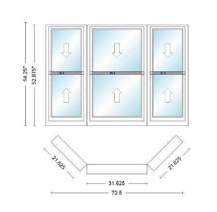 Andersen 400 Series Double Hung Bay Window 70 1/2" Wide Double Hung With Double Hung Flankers 45 Degree Angle Of Deflection Vinyl Exterior Wood Interior Low-E4 Dual Pane Argon Gas
