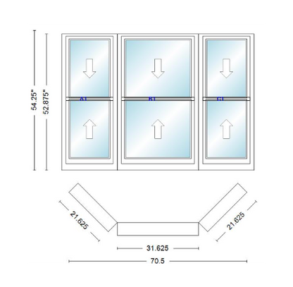 Andersen 400 Series Double Hung Bay Window 70 1/2" Wide Double Hung With Double Hung Flankers 45 Degree Angle Of Deflection Vinyl Exterior Wood Interior Low-E4 Dual Pane Argon Gas