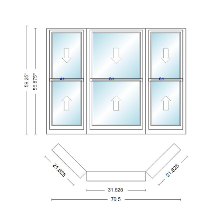 Andersen 400 Series Double Hung Bay Window 70 1/2" Wide Double Hung With Double Hung Flankers 45 Degree Angle Of Deflection Vinyl Exterior Wood Interior Low-E4 Dual Pane Argon Gas