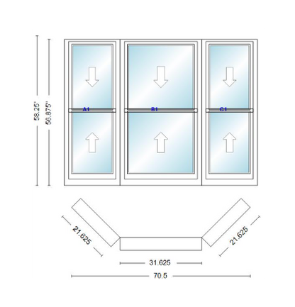 Andersen 400 Series Double Hung Bay Window 70 1/2" Wide Double Hung With Double Hung Flankers 45 Degree Angle Of Deflection Vinyl Exterior Wood Interior Low-E4 Dual Pane Argon Gas