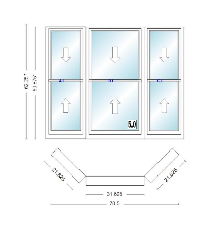Andersen 400 Series Double Hung Bay Window 70 1/2" Wide Double Hung With Double Hung Flankers 45 Degree Angle Of Deflection Vinyl Exterior Wood Interior Low-E4 Dual Pane Argon Gas