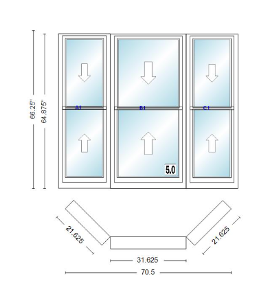 Andersen 400 Series Double Hung Bay Window 70 1/2" Wide Double Hung With Double Hung Flankers 45 Degree Angle Of Deflection Vinyl Exterior Wood Interior Low-E4 Dual Pane Argon Gas