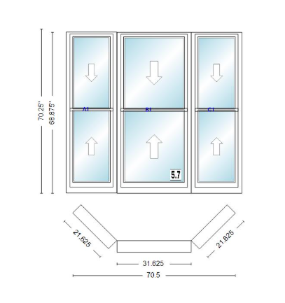 Andersen 400 Series Double Hung Bay Window 70 1/2" Wide Double Hung With Double Hung Flankers 45 Degree Angle Of Deflection Vinyl Exterior Wood Interior Low-E4 Dual Pane Argon Gas
