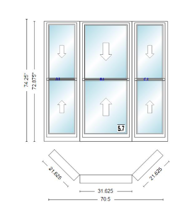 Andersen 400 Series Double Hung Bay Window 70 1/2" Wide Double Hung With Double Hung Flankers 45 Degree Angle Of Deflection Vinyl Exterior Wood Interior Low-E4 Dual Pane Argon Gas