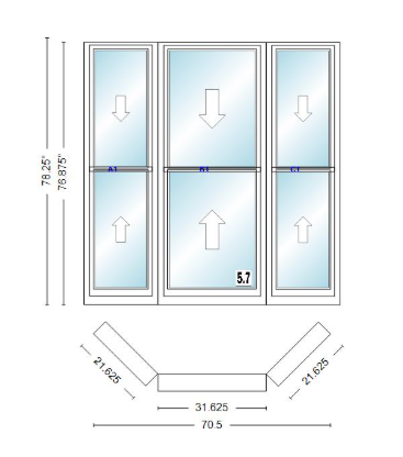 Andersen 400 Series Double Hung Bay Window 70 1/2" Wide Double Hung With Double Hung Flankers 45 Degree Angle Of Deflection Vinyl Exterior Wood Interior Low-E4 Dual Pane Argon Gas