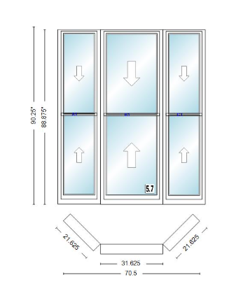 Andersen 400 Series Double Hung Bay Window 70 1/2" Wide Double Hung With Double Hung Flankers 45 Degree Angle Of Deflection Vinyl Exterior Wood Interior Low-E4 Dual Pane Argon Gas