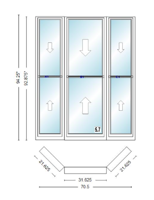 Andersen 400 Series Double Hung Bay Window 70 1/2" Wide Double Hung With Double Hung Flankers 45 Degree Angle Of Deflection Vinyl Exterior Wood Interior Low-E4 Dual Pane Argon Gas