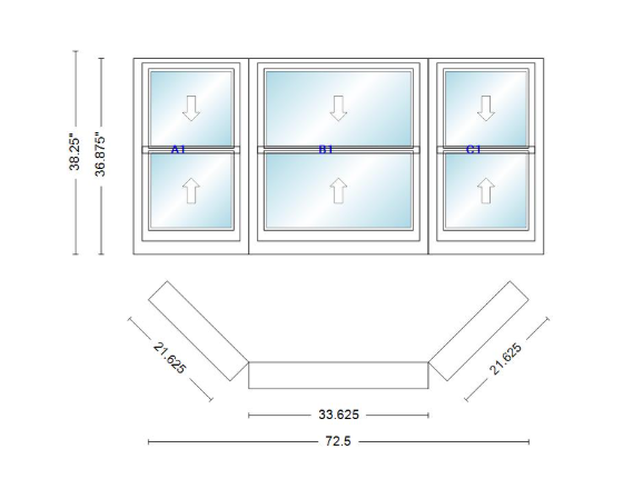 Andersen 400 Series Double Hung Bay Window 72 1/2" Wide Double Hung With Double Hung Flankers 45 Degree Angle Of Deflection Vinyl Exterior Wood Interior Low-E4 Dual Pane Argon Gas