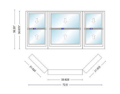 Andersen 400 Series Double Hung Bay Window 72 1/2" Wide Double Hung With Double Hung Flankers 45 Degree Angle Of Deflection Vinyl Exterior Wood Interior Low-E4 Dual Pane Argon Gas